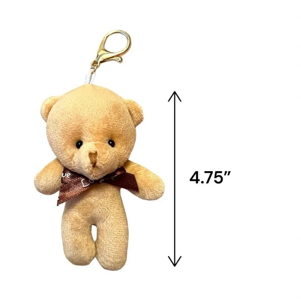 Cute Plush Tan Bear With Brown Bow Keychain